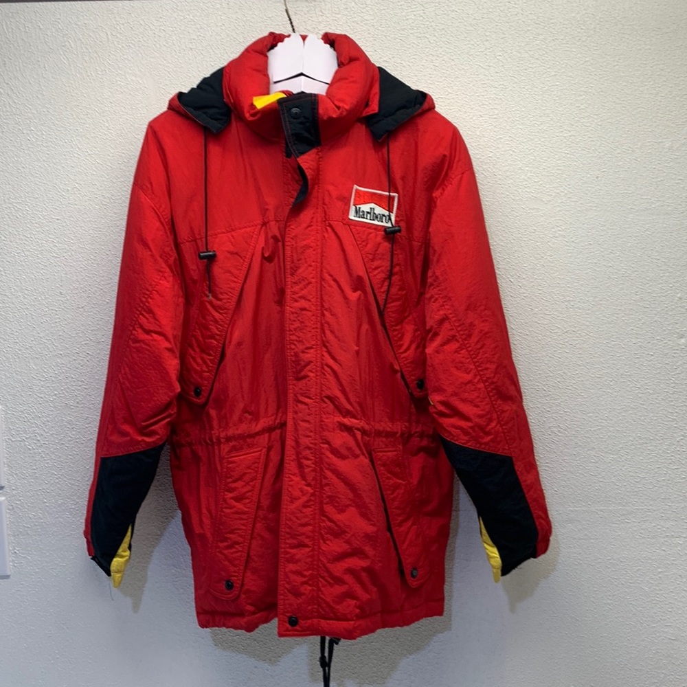 VTG Marlboro Country Store Duck Down Parka Puffer Hooded Full Front Zip Sz M
